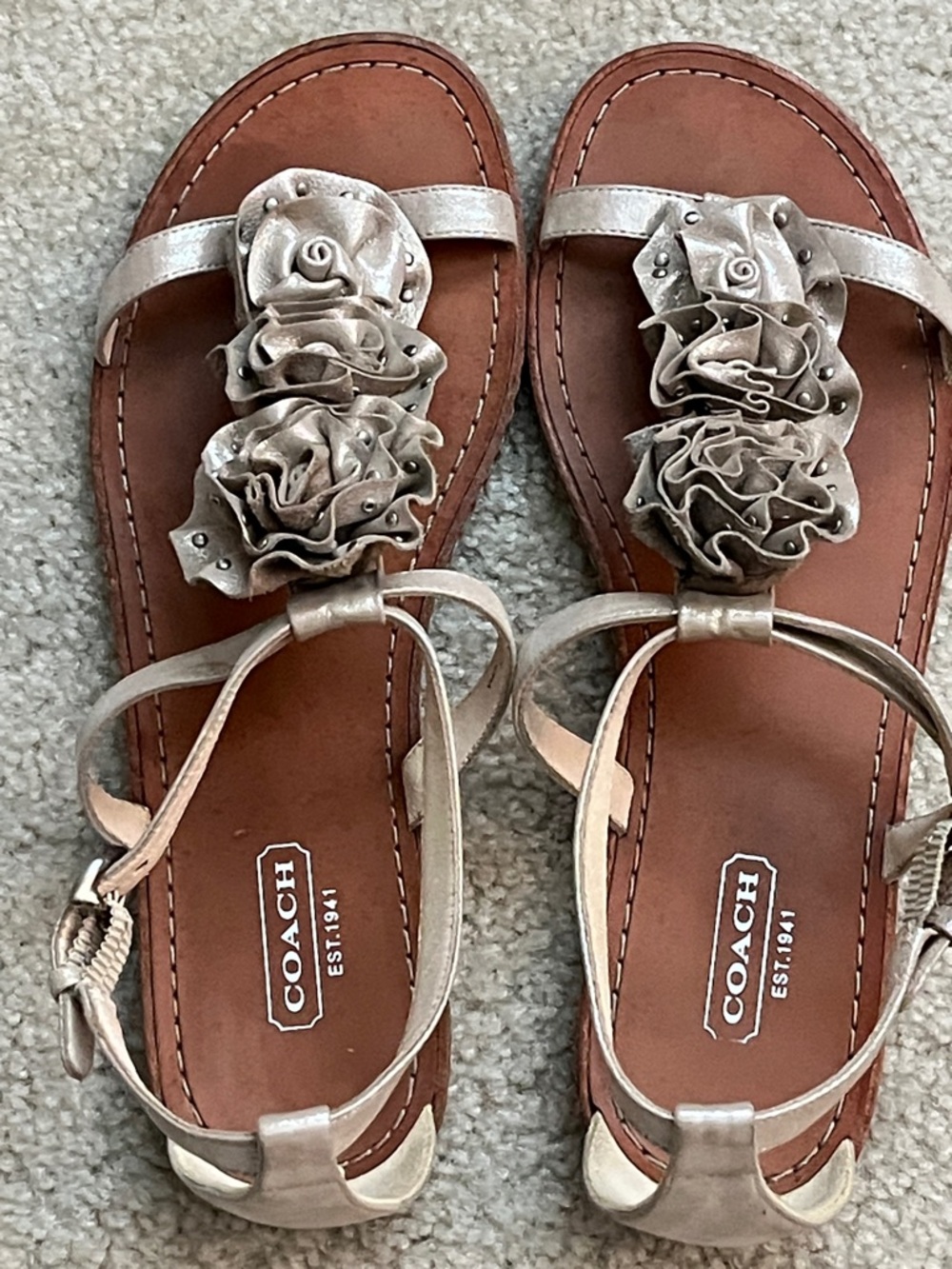 Coach Metallic Rose-Embellished Tan Leather T-Strap Sandals